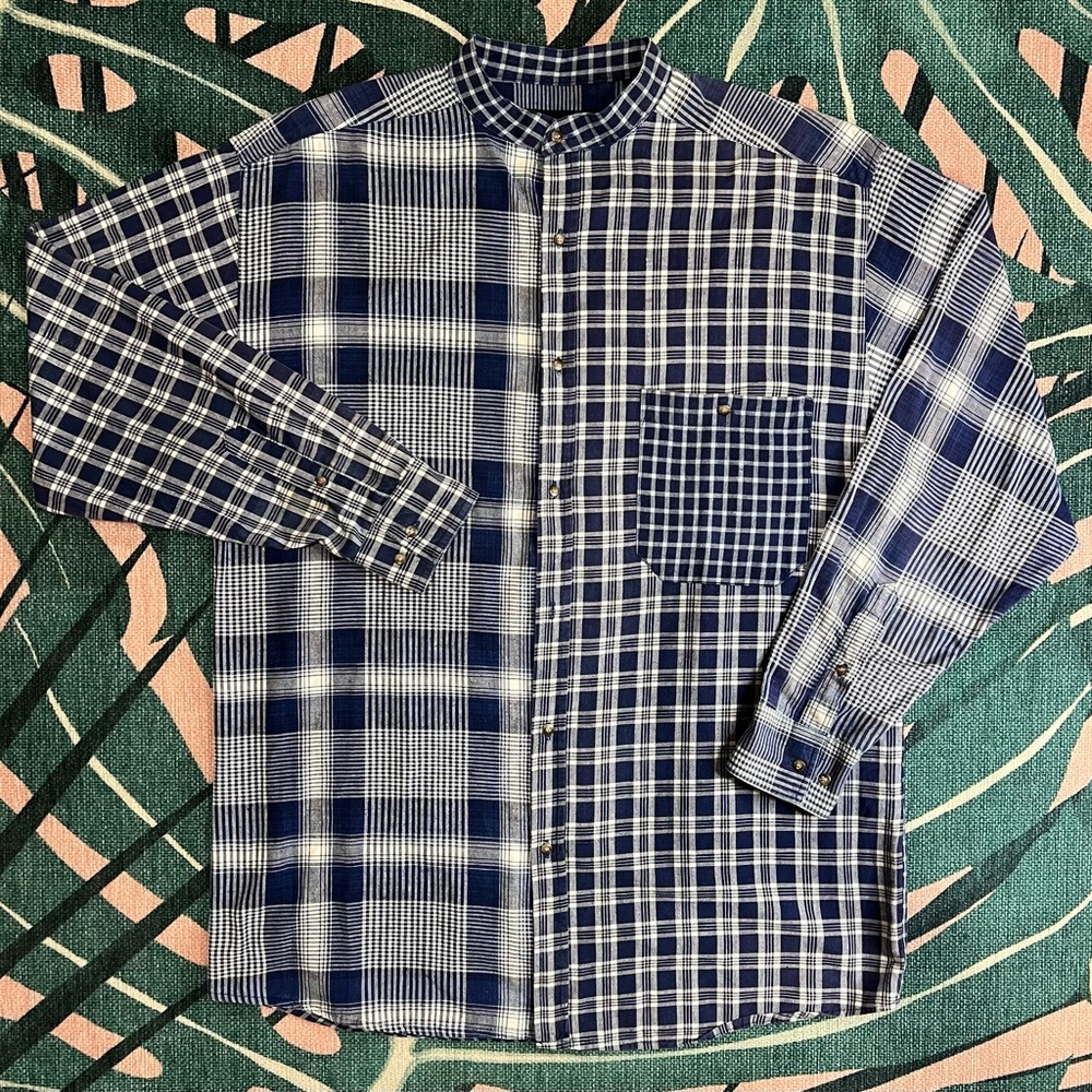 Vintage Santana Collarless Plaid Denim Button Up Shirt